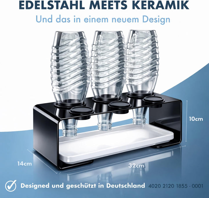 Panteer ® Flaschenhalter für SodaStream Flaschen - Abtropfhalter aus Edelstahl mit Keramikschale ink
