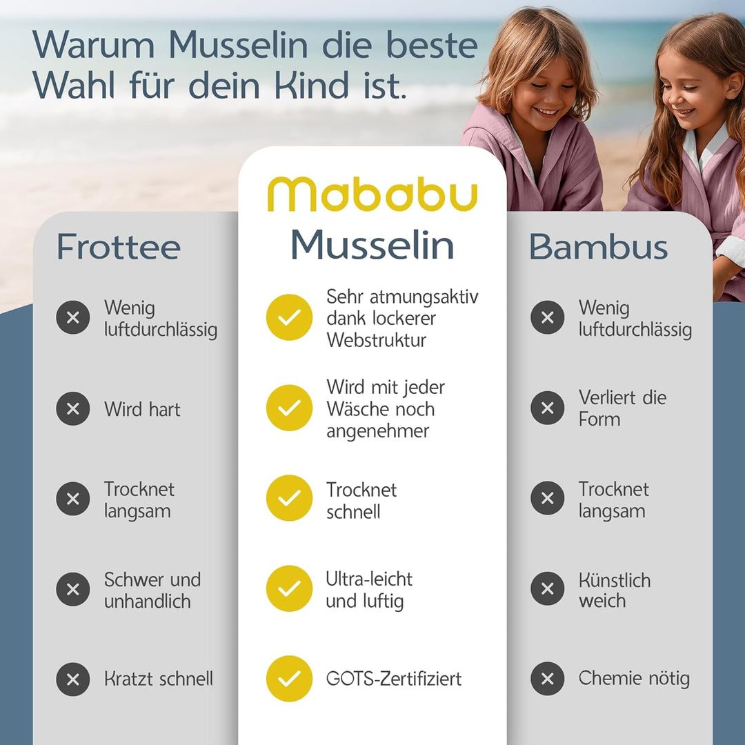 Mababu Bademantel Kinder mit Kapuze | 100% Bio-Baumwolle GOTS Zertifiziert | Premium Musselin Kinder
