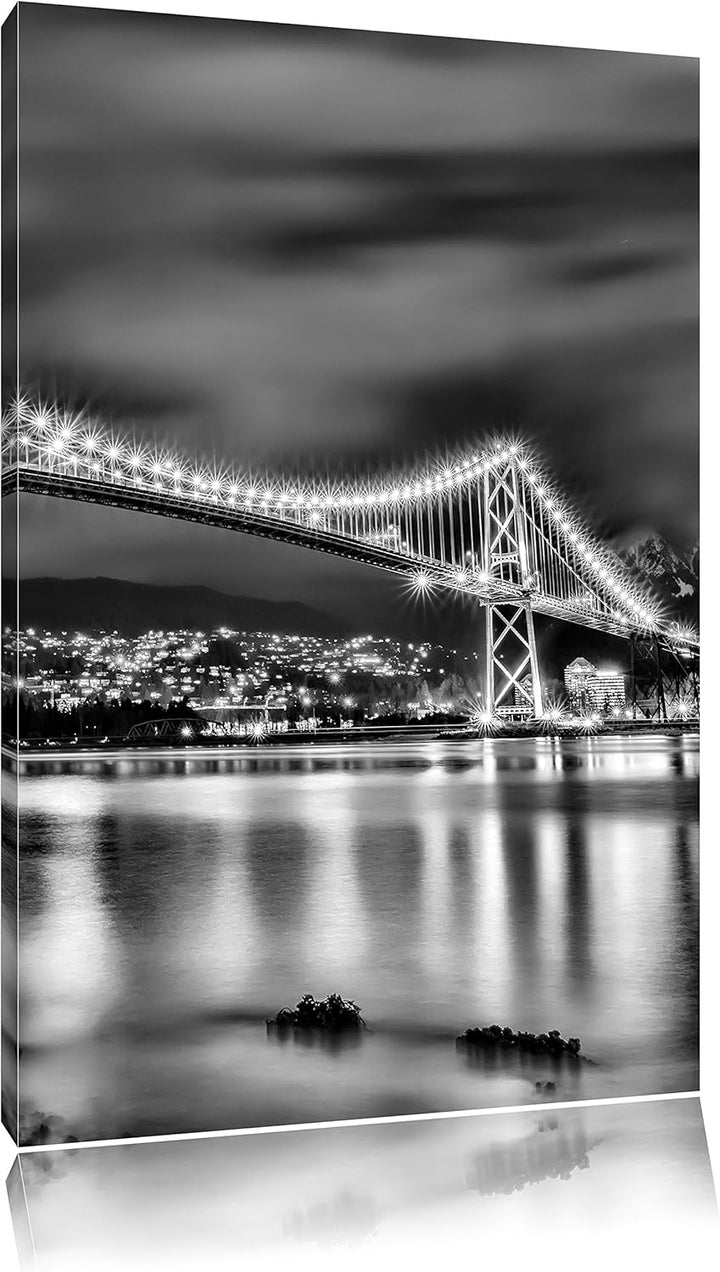 Pixxprint Monocrome, Lions Gate Bridge in Vancouver bei Nacht, Format: 100x70 auf Leinwand, riesige
