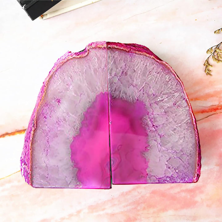 JIC Gem Dekorative Kristall-Buchstützen, poliert, gefärbt, rosa, Geode, brasilianischer Achat, Buchs