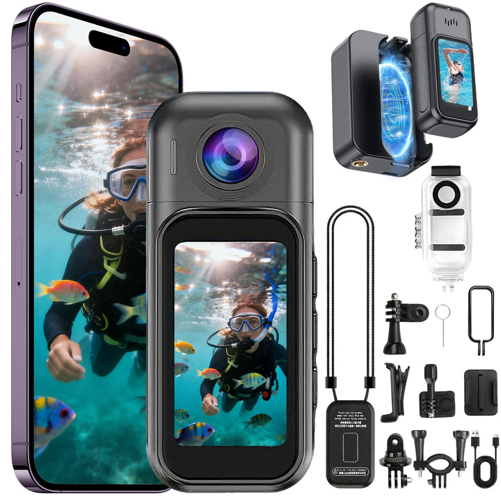 7JI Körperkameras 4K 180°Drehbar mit Ladekoffer,2400mAh Pocket Action Kamera,30m/98ft Wasserdicht,1.