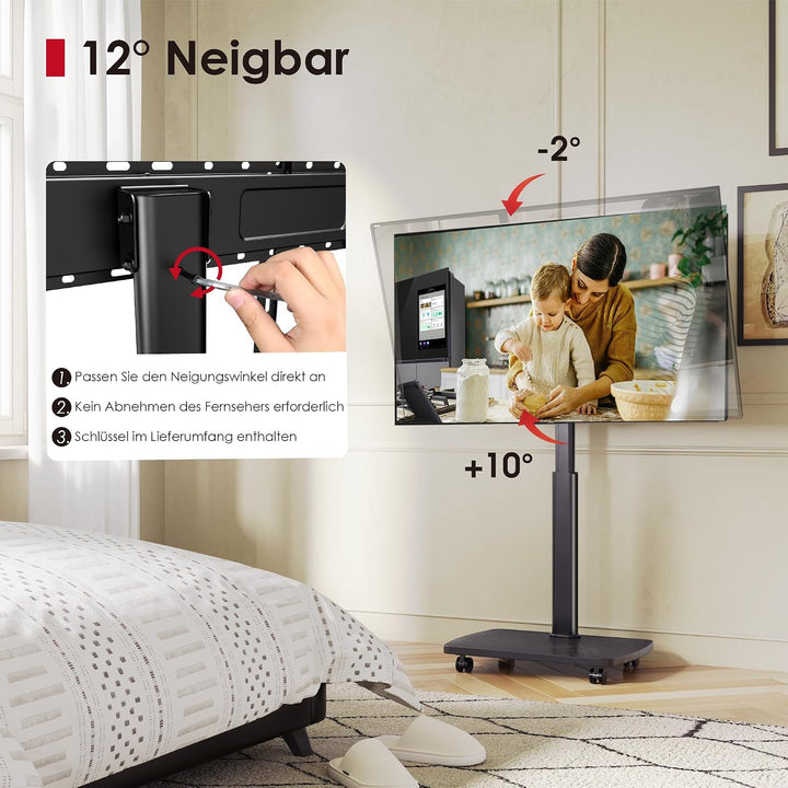 AOKCOS TV Ständer Rollbar mit Holzablage, Fernsehständer auf Rollen für 32-65 Zoll Fernseher, TV Bod