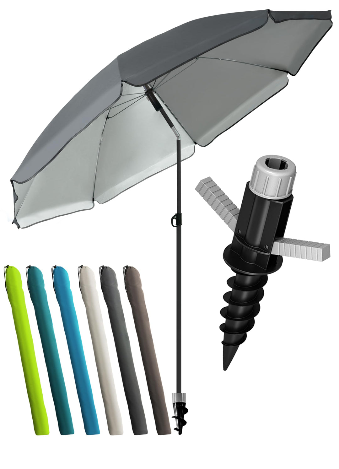 4smile Sonnenschirm Strand SunnyJoy, 3-in-1 SET, Anthrazit - UPF 50+ Strandschirm Ø 160 cm + Sonnens
