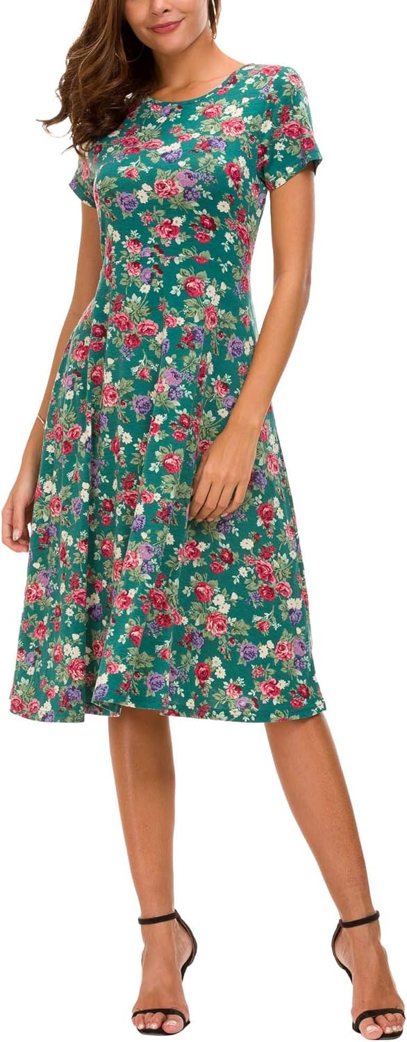 Damen Elegant Blumendruck Kleid Rundhals Knielang Kleider, 1