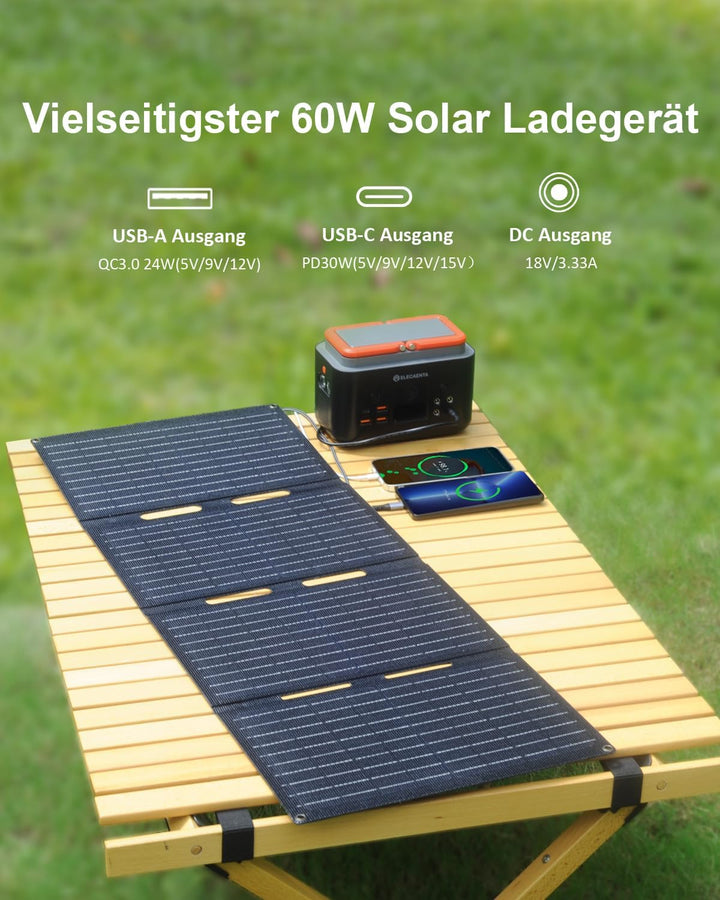 ELECAENTA 60W Tragbar Solar Ladegerät Monokristallin ETFE Solarpanel Ultraleichtes IP68 Solarmodul F