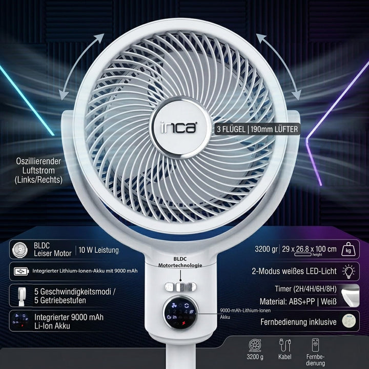 İnca IAF-01B Standventilator, 9000 mAh Akku, LED-Bedienfeld, leiser BLDC Motor, 5 Stufen, Oszillatio