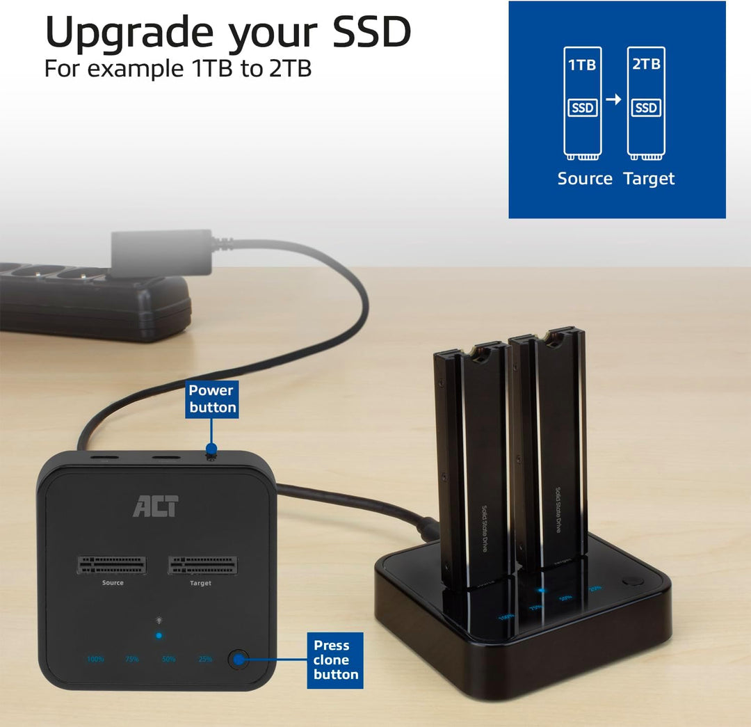 ACT M.2 NVMe/PCIe Dual SSD Docking Station, Offline Klonen und Datensicherung, USB-C 3.2 Gen2 Kabel