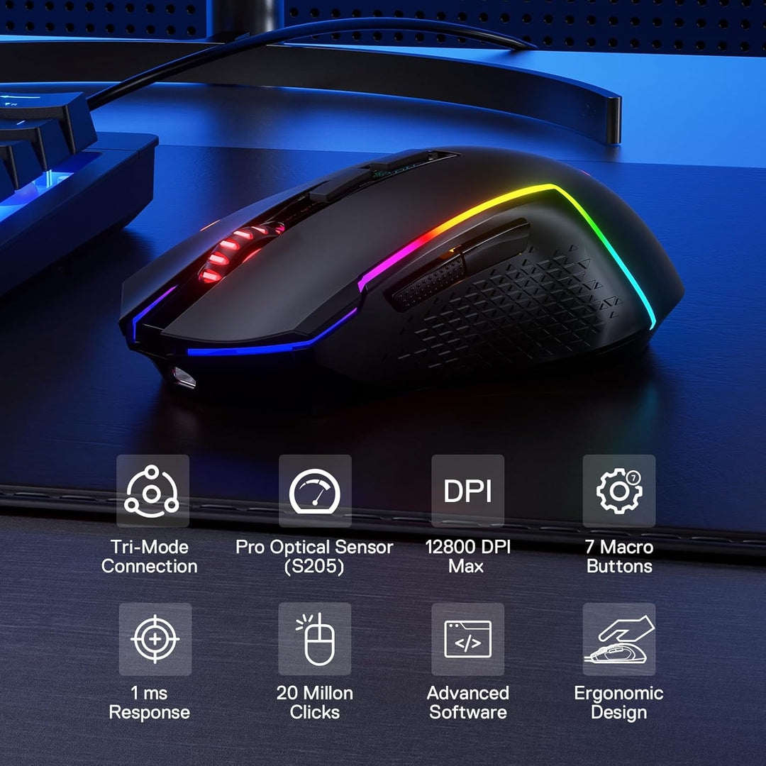 Redragon M693 LIT Kabellose Gaming-Maus, 12800 DPI-Mäuse mit 3-Modus-Verbindung, BT & 2,4G kabellos,
