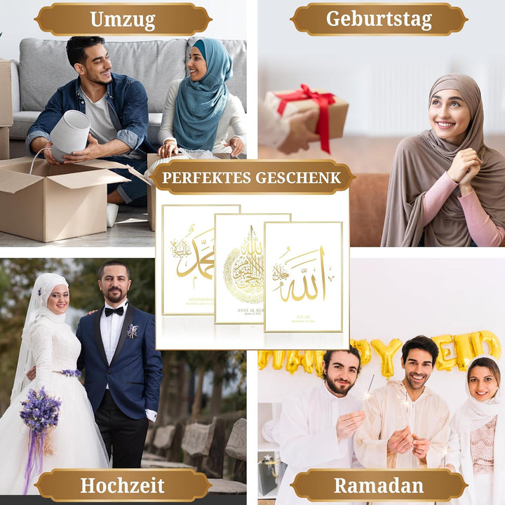 HAVA Artwork Islamisches Goldfolien Poster Set Weiss, Islamische Poster, Islamische Bilder, Islamisc