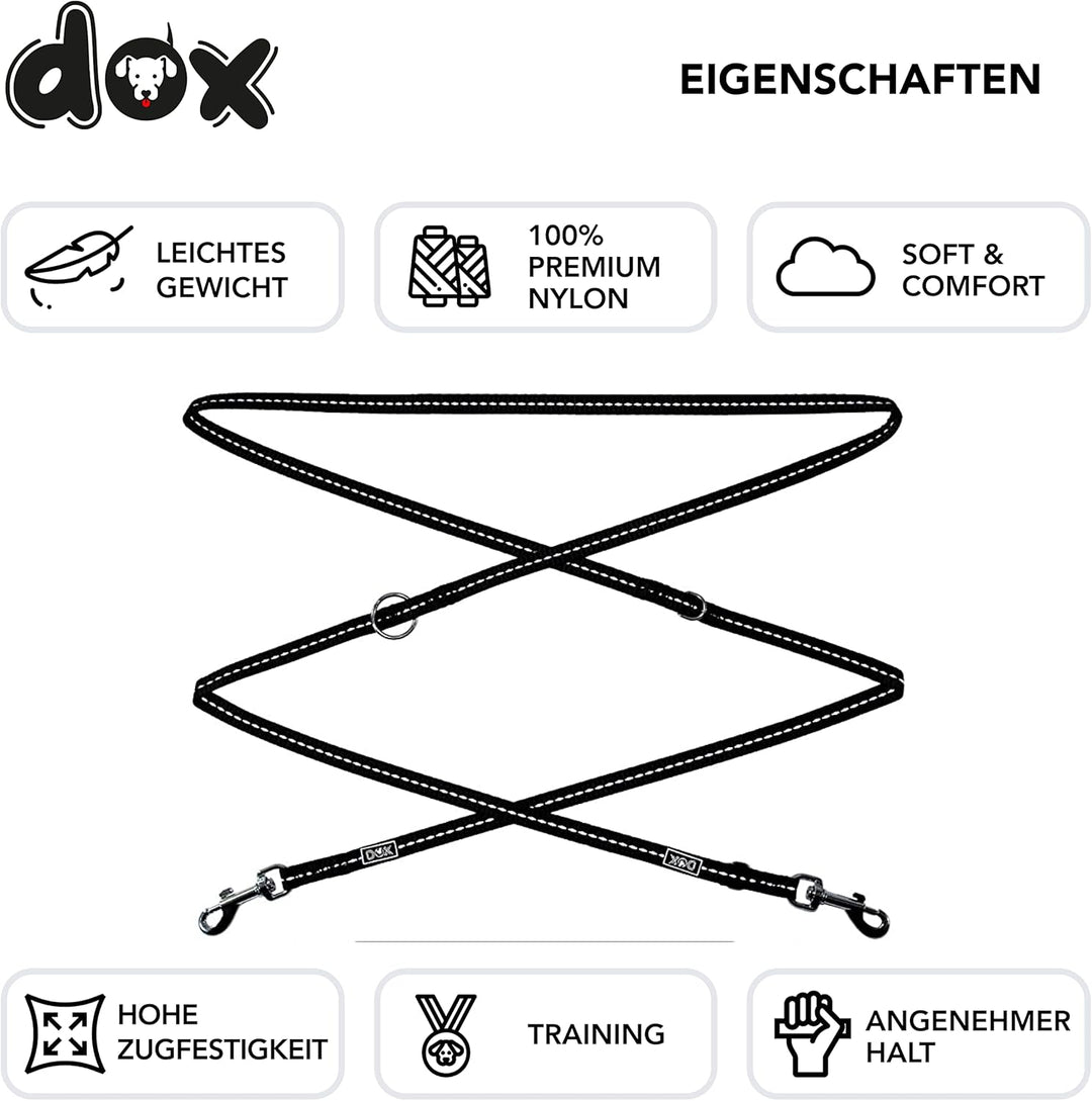 DDOXX Reflektierende Nylon Hundeleine - 2m, 3fach verstellbare Hundeleine für alle Hundegrössen - M