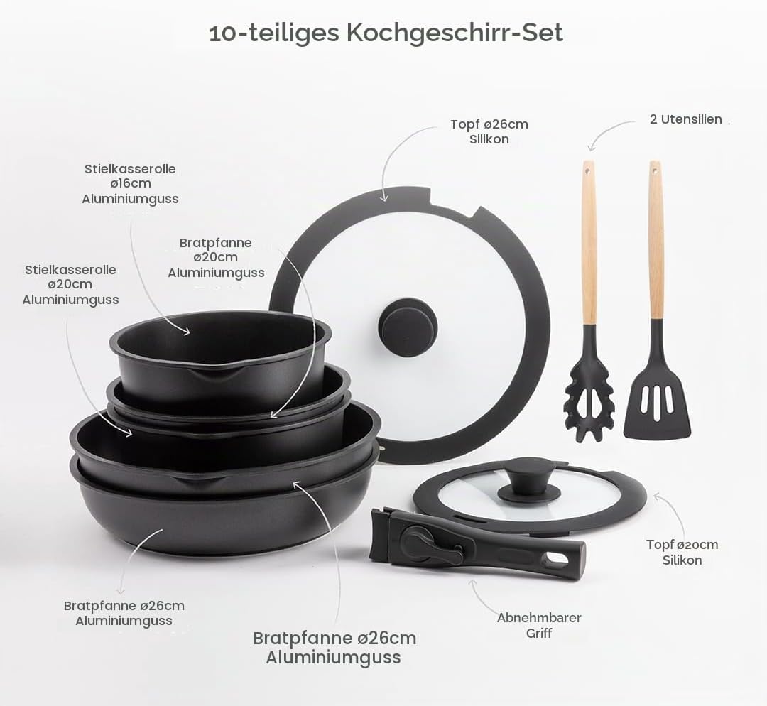 BERGNER CLICK&amp;COOK - Set 10 PZS Schwarzes Easy Click Kochgeschirr - Pfannen und Töpfe mit schwarzer