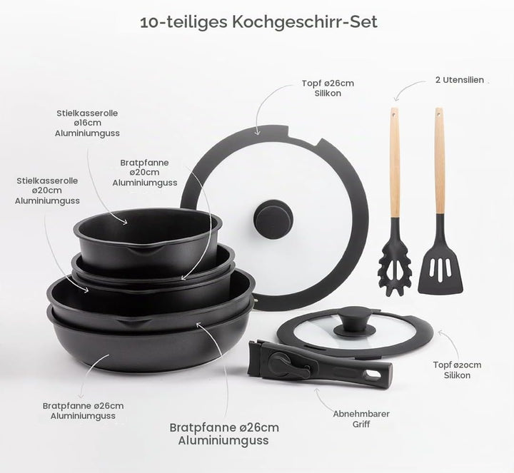BERGNER CLICK&amp;COOK - Set 10 PZS Schwarzes Easy Click Kochgeschirr - Pfannen und Töpfe mit schwarzer