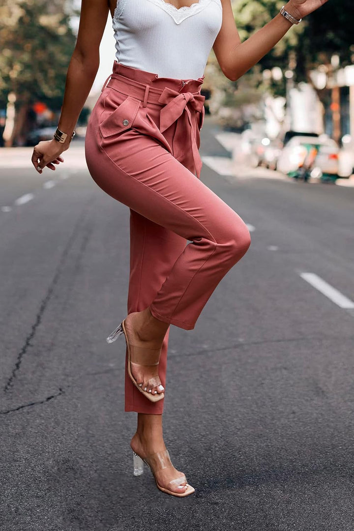 ONAYEYO Damen Casual High Waist Hose Einfarbig Elegant Lang Hosen Elastische Taille Carpi Hose mit B
