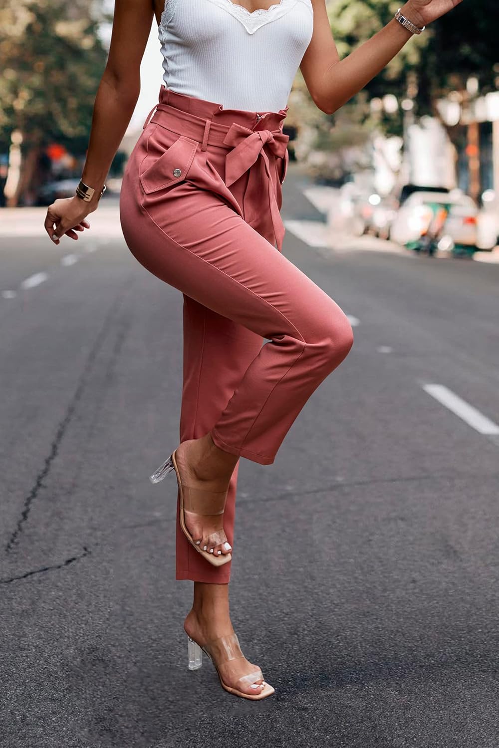 ONAYEYO Damen Casual High Waist Hose Einfarbig Elegant Lang Hosen Elastische Taille Carpi Hose mit B