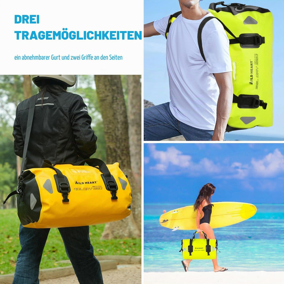 WILD HEART wasserdichte Reisetasche, 40 l 66 l, 100 l, mit verschweissten Nähten, Schultergurten, Ne