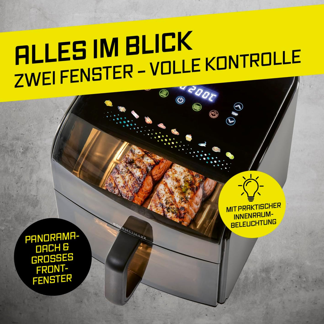 GOURMETmaxx Heissluftfritteuse mit Sichtfenster & Panoramadach - 7 L | stylisher Airfryer inkl. Shak