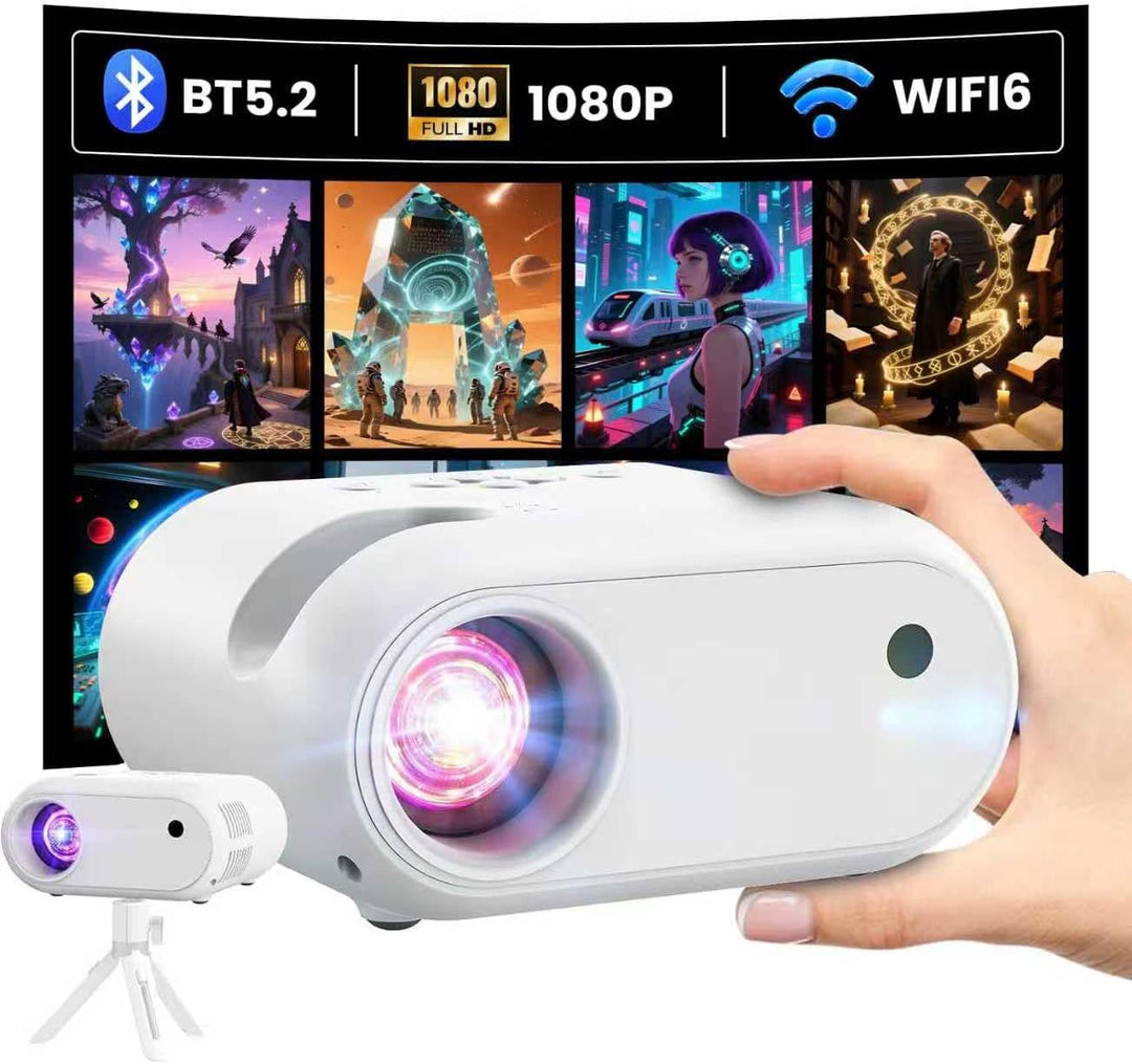 Mini Beamer mit Stativ 1080p WLAN- und Bluetooth-Unterstützung Tragbarer Beamer, Kompatibel mit Smar