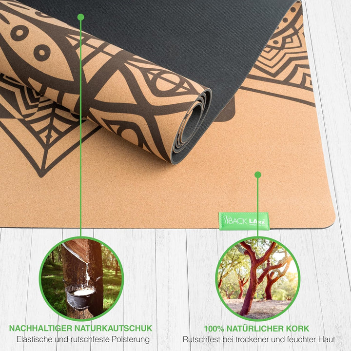 BACKLAXX ® Yogamatte Kork XXL [50% mehr Fläche] mit Naturkautschuk | Yoga-Matte rutschfest | nachhal