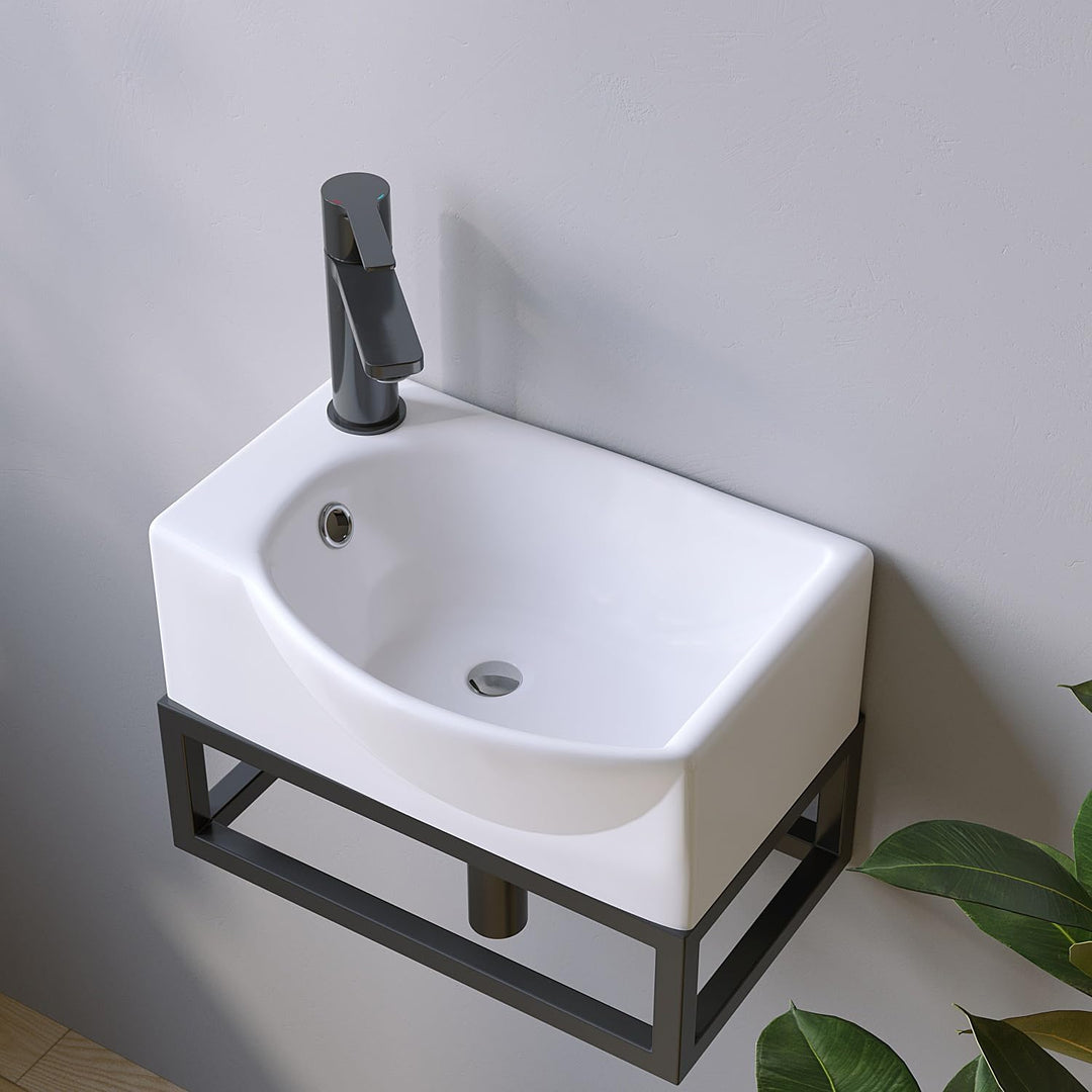 Waschbecken Keramik Waschtisch Hängewaschbecken klein Handwaschbecken Weiss Eckig-Oval 40 x 28 cm Ba