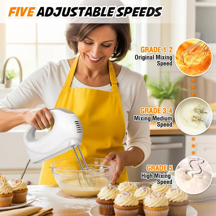 Handrührer Elektrisch-Handrührgerät, 5 StuFen Handmixer, Enthalten 1 Schneebesen, 2 Rührbesen, 2 Ede