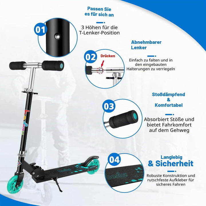 BELEEV Roller Kinder 2 Räder, Klappbar Kinderroller für Mädchen Jungen, Tretroller mit LED Leuchtend