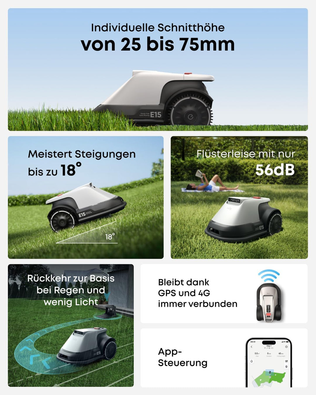 eufy Mähroboter E15 Set, Garage+Ersatzklingen, TrueVision | Ohne Begrenzungskabel, Bis 800m², Keine