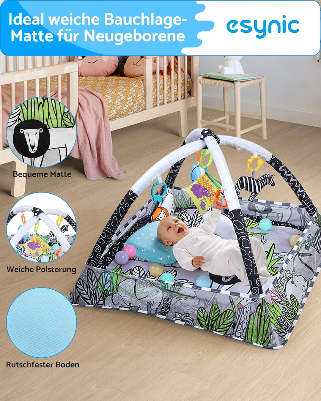 eSynic Baby Gym Spielmatte Spielbogen 7 in 1 Kickin' Tunes Spieldecke Krabbeldecke mit 5 Abnehmbaren