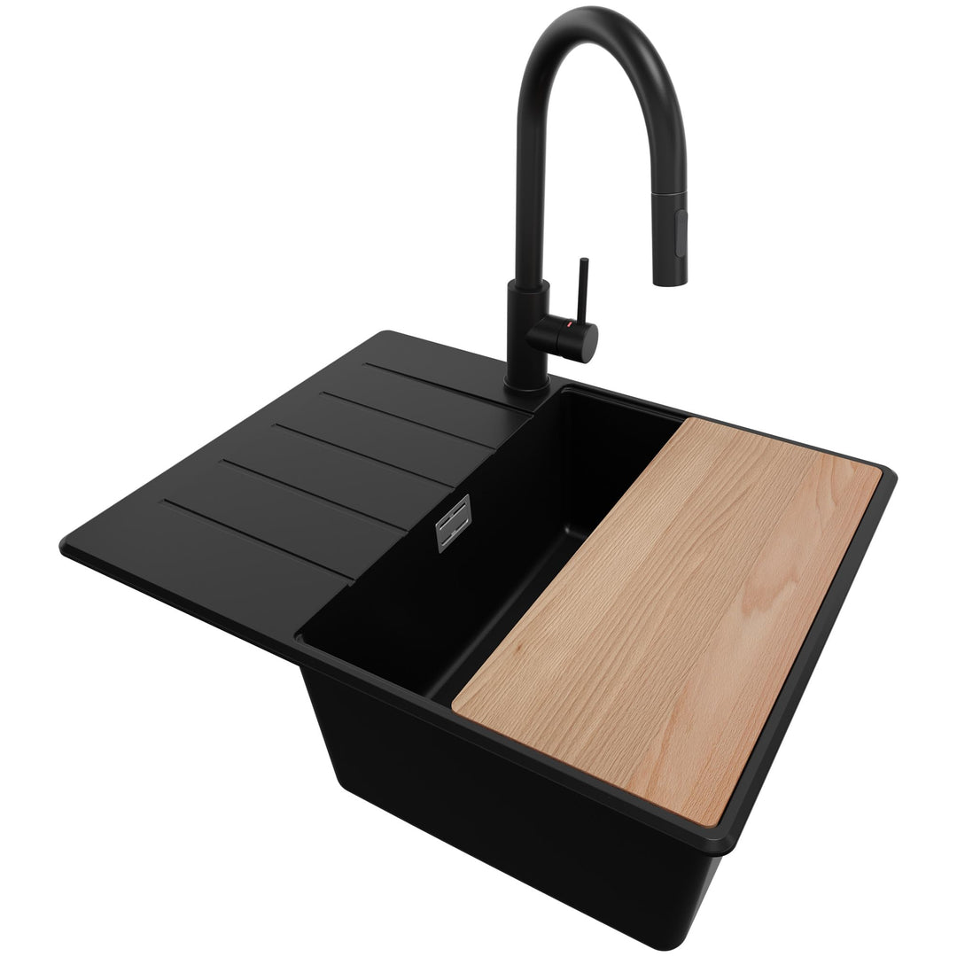 Granitspüle Schwarz 62x50 cm, Spülbecken + Ablauf-Set + Küchenarmatur 9050, Küchenspüle für 45er Unt