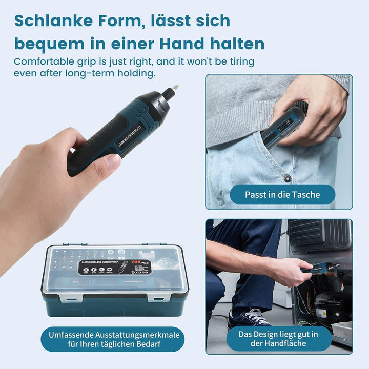 Mini Akkuschrauber 105 in 1, 4V Akku Schraubendreher, Elektrischer Schraubendreher, mit 4-Gang-Drehm