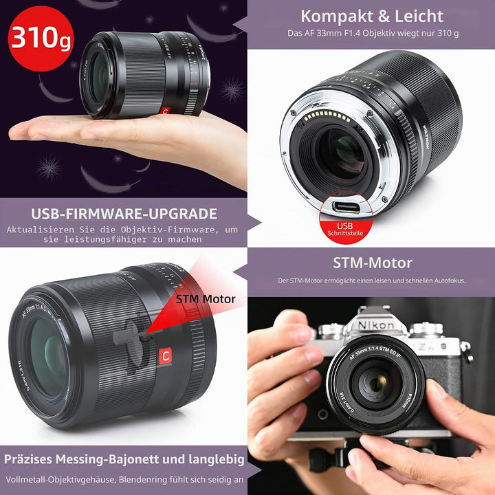 VILTROX 33mm F1.4 Z-Mount Objektiv APS-C Autofokus Grosse Blende Prime-Objektiv Weitwinkel-Unterstüt