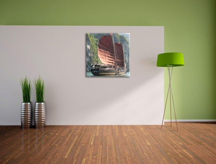 Pixxprint Segelschiff im Sonnenuntergang 70x70cm Leinwandbild Wandbild Kunstdruck, 70x70
