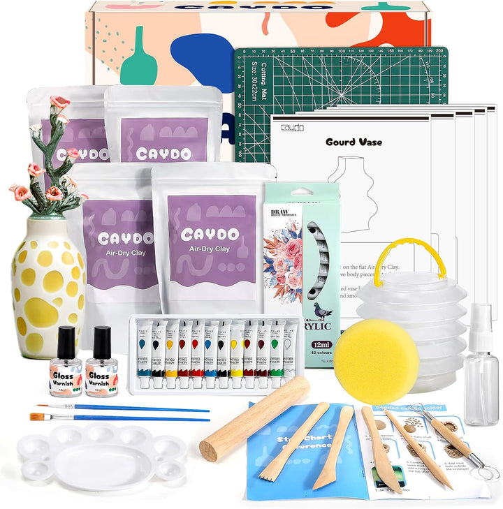 Caydo 2KG Töpferset für Anfänger mit lufttrocknendem Ton, Töpferwerkzeug, Anleitung, Acrylfarben, Se