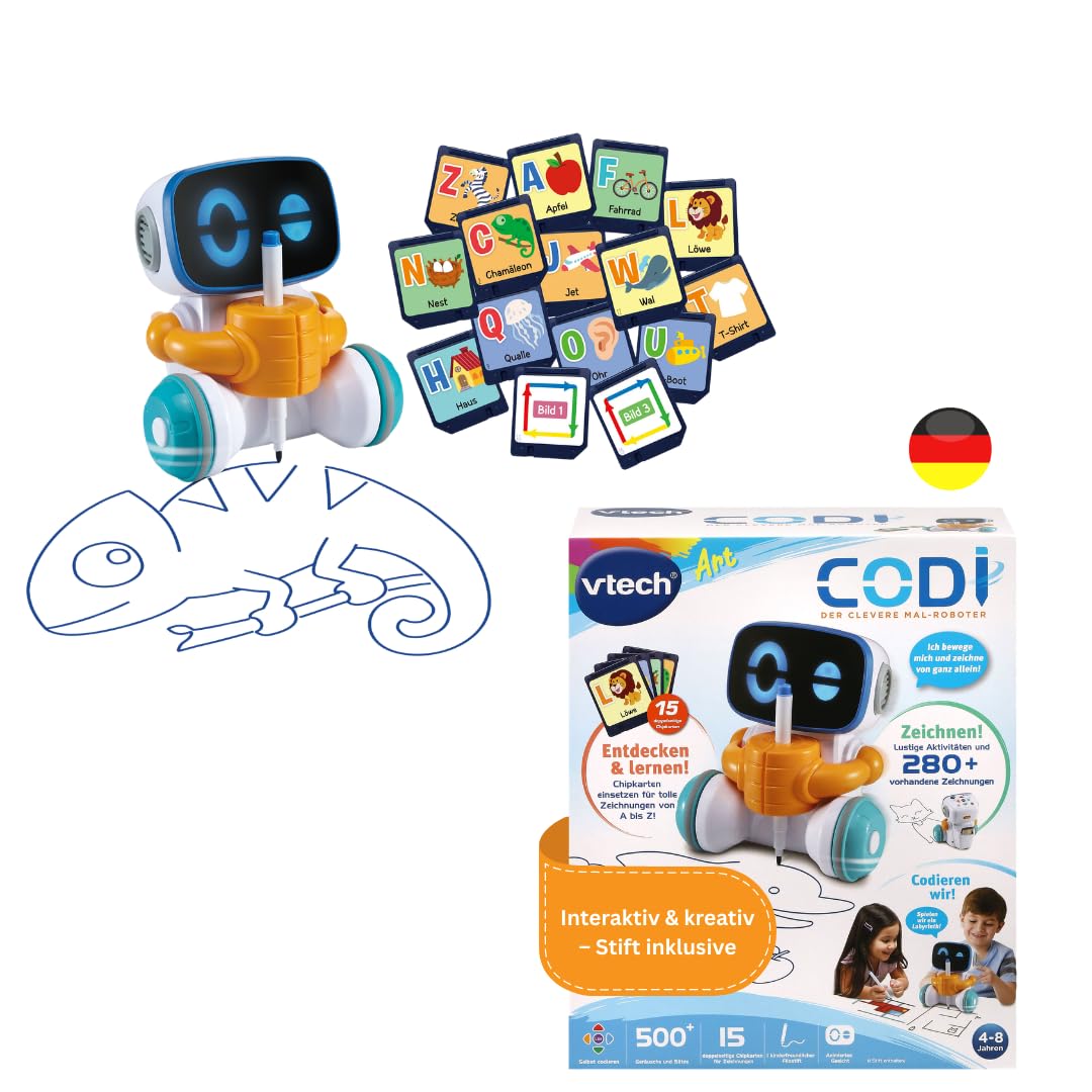 VTech Codi, der clevere Mal-Roboter – Interaktiver Freund, der sich von allein bewegt und mit dem St