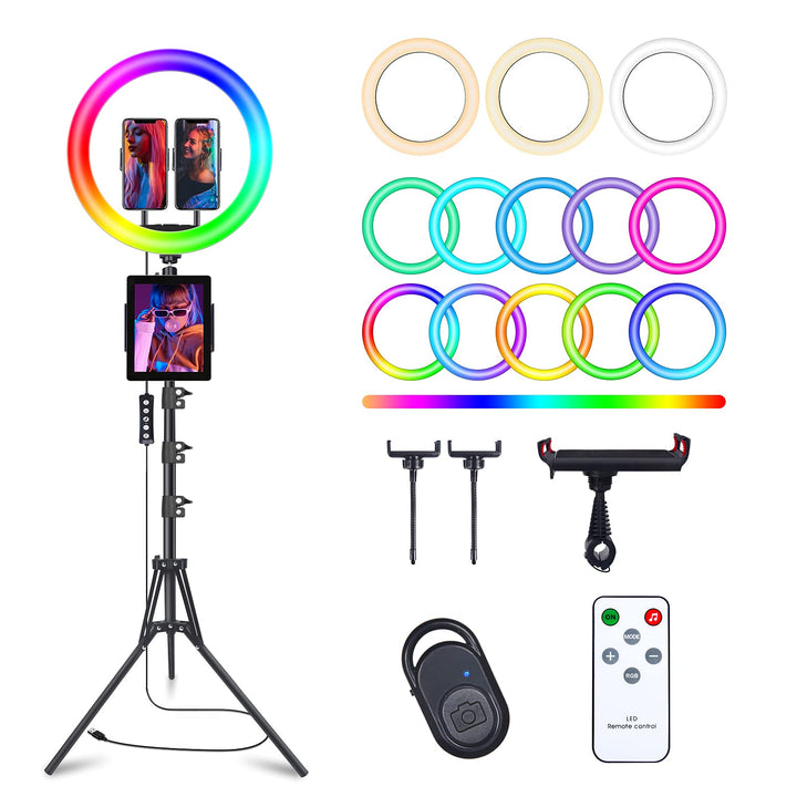 13 Zoll Ringlicht mit Stativ, 1 Tablet-Clip und 2 Handyhalterungen, 3000-6000K,10 Helligkeiten, Musi