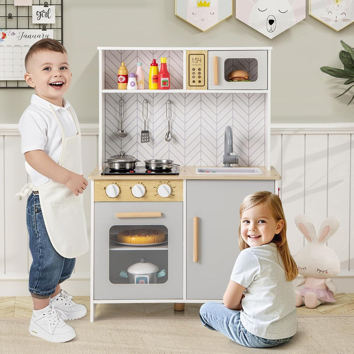 COSTWAY Kinderküche mit Zubehör, Spielküche Holz mit Mikrowelle Herd Spüle Ofen, Kinder Küche mit Li