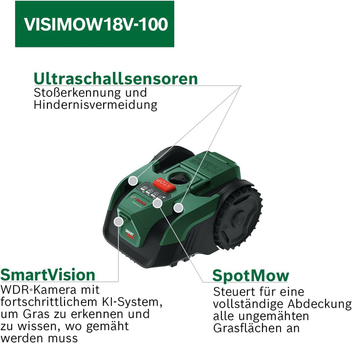 Bosch Akku-Mähroboter VISIMOW18V-100 (für Rasenflächen bis 100 m², Schnittbreite: 16 cm, Schnitthöhe