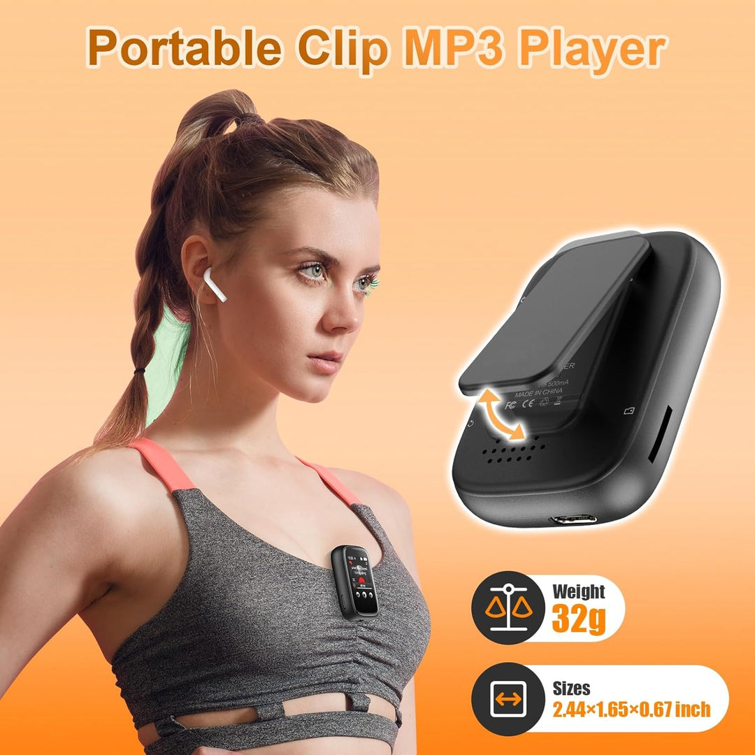 MP3 Player Bluetooth 5.3 mit Clip,Tragbarer Music Player mit Kopfhörer, Lautsprecher, FM-Radio,Sprac