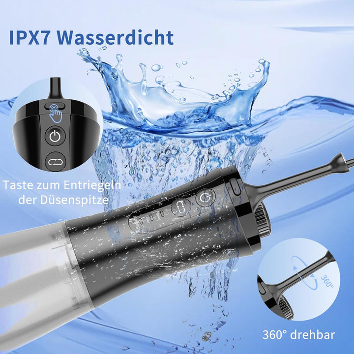 Visuell Munddusche Kabellos, IPX7 Wasserdicht, 5 Multifunktionale Jet-Tipps, 350ML WassertankTestsie