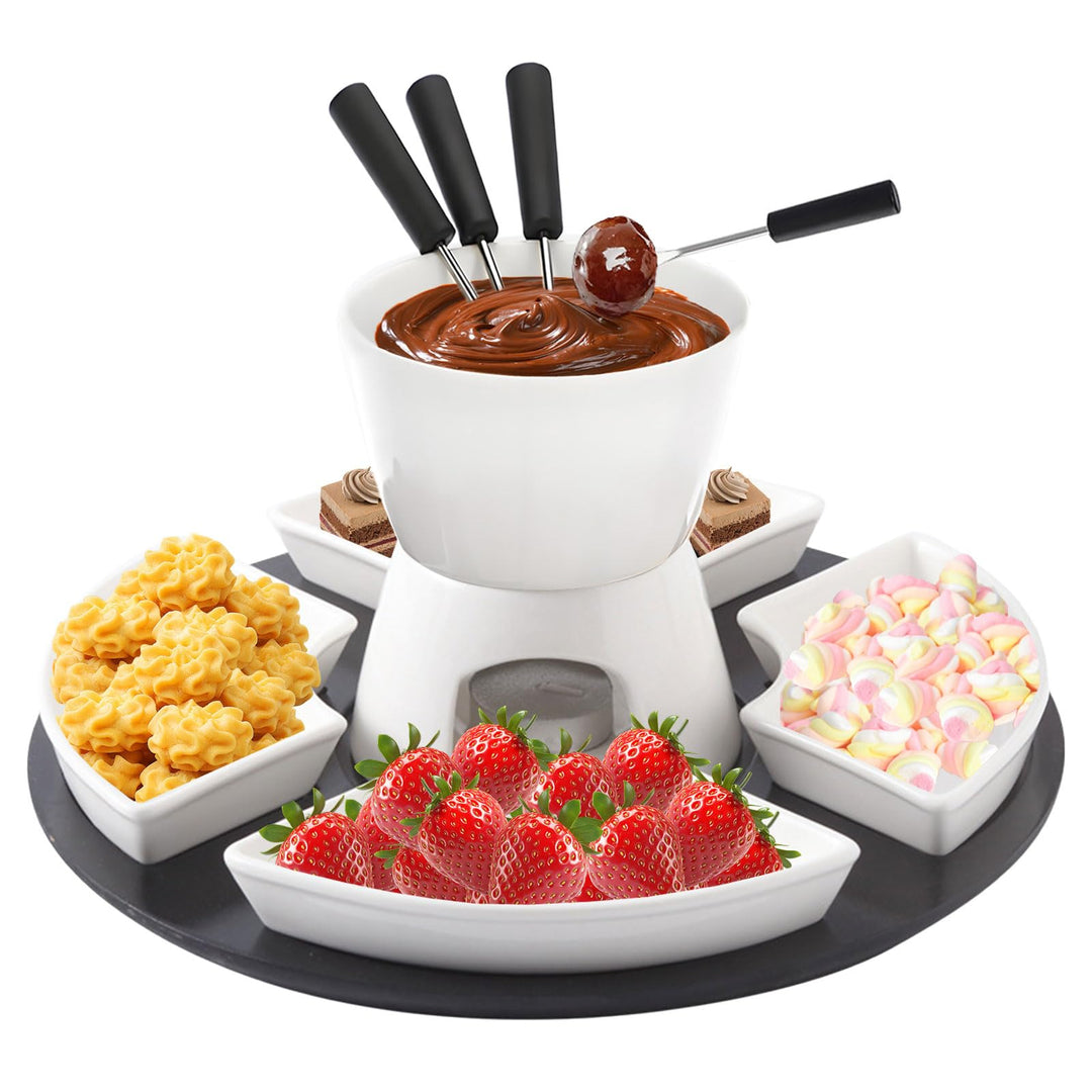 Keramik Schokofondue Set, Schokoladenfondue mit Holzpalette 4 Gabeln 4 Tellern, Käsefondue, Schoko F