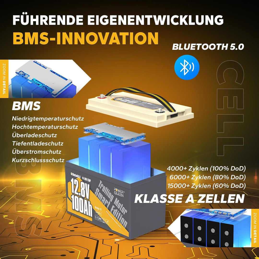Power Queen 12V 100Ah Lithium Batterie Bluetooth 5.0, Deep Cycle LiFePO4 Batterie Max. Ausgangsleist