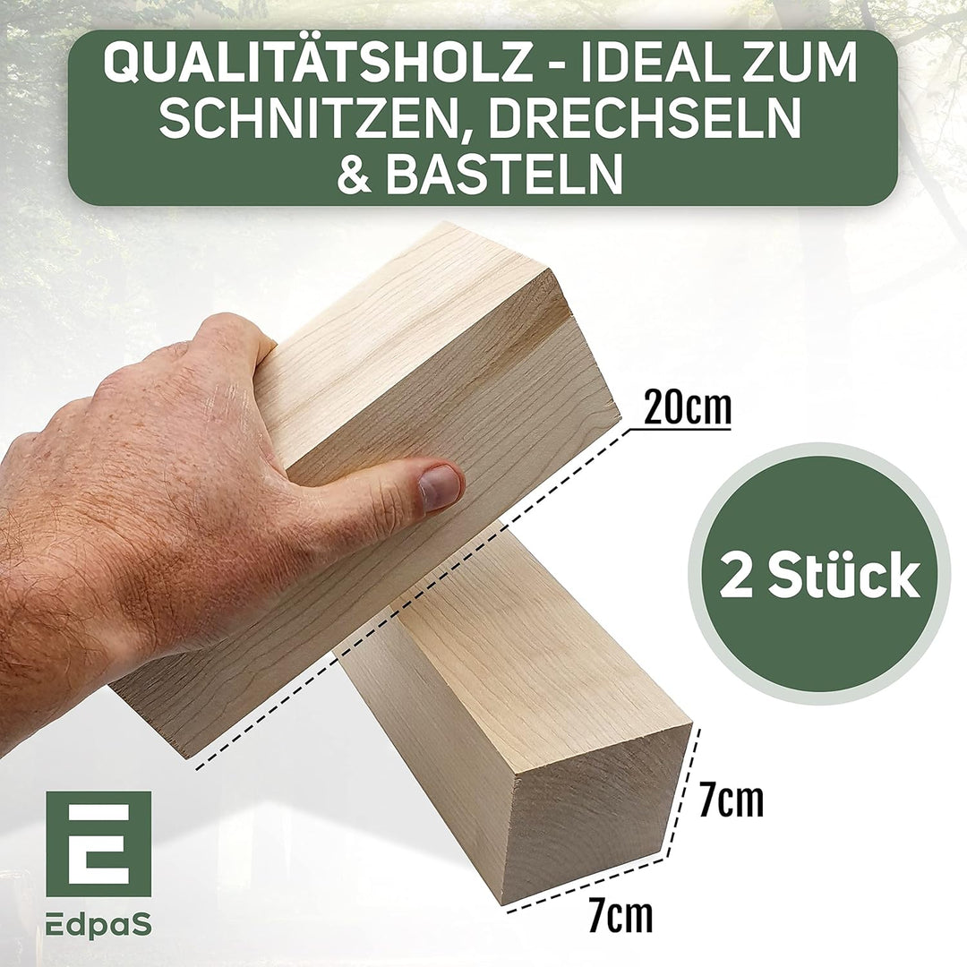 Edpas Schnitzholz Ahorn - 2er Set Holzblock (20x7x7cm) - Grosse Schnitzholz Rohlinge - Naturbelassen