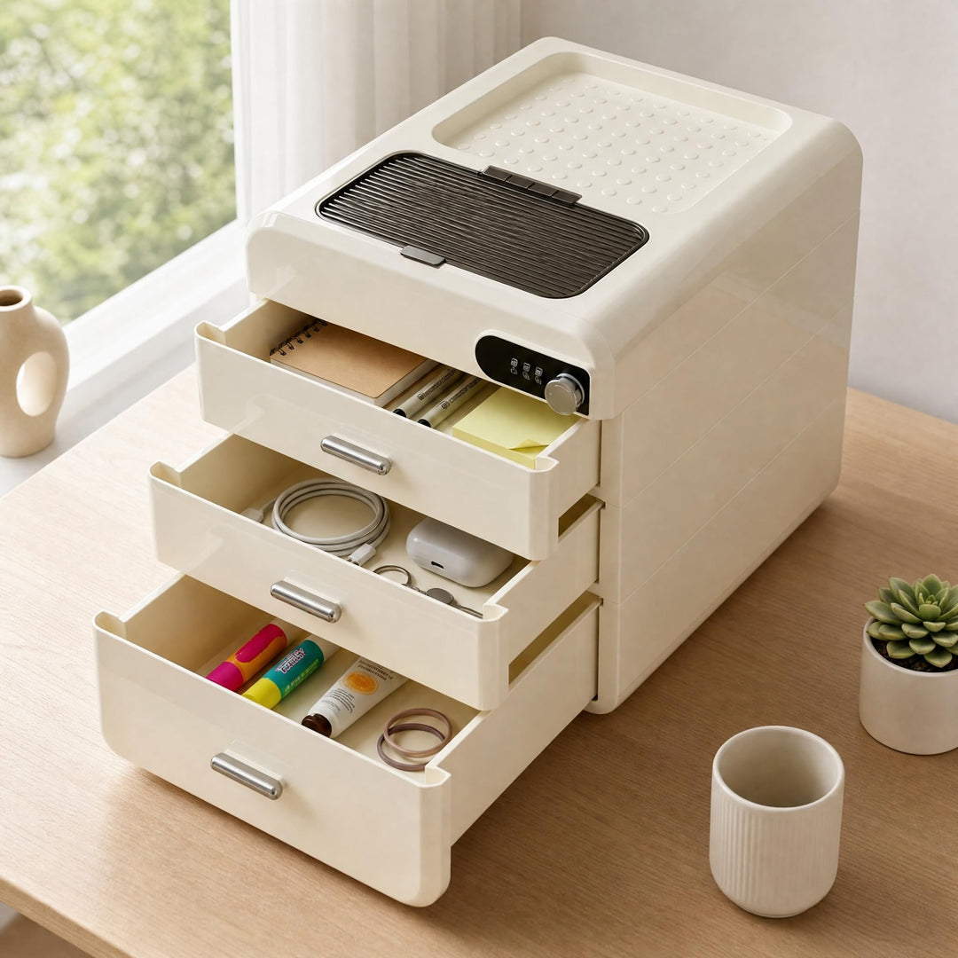 Schubladenbox Kunststoff mit Zahlenschloss, BüRo Organizer Schubladen mit 3 Schubladen + Stauraum Ob