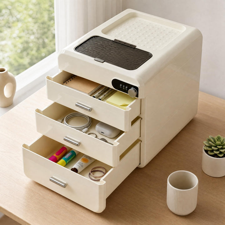 Schubladenbox Kunststoff mit Zahlenschloss, BüRo Organizer Schubladen mit 3 Schubladen + Stauraum Ob
