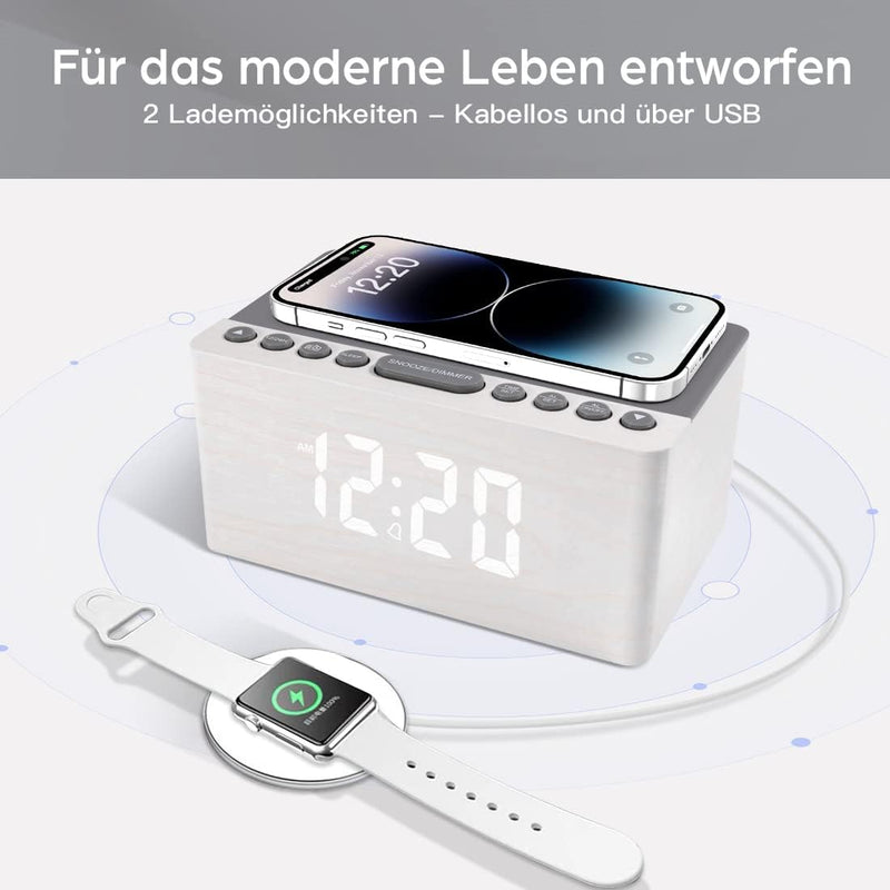 ANJANK Hölzerner Radio wecker Digital mit kabelloses Laden,10W Fast Wireless Charger for Iphone/Andr