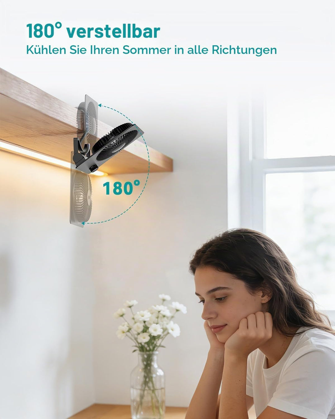 Klein Tischventilator,Leise Ventilator Akku 180°Einstellbar Tragbarer LED Anzeige Fan Für Büro Bibli