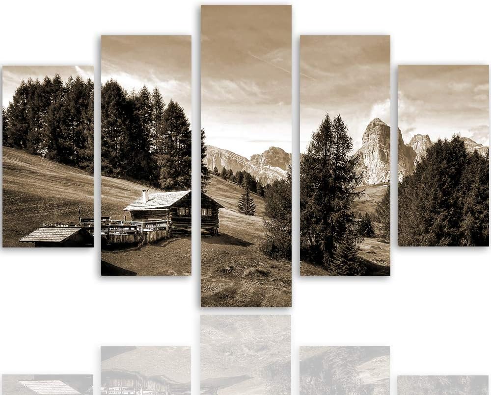 Feeby Wandbild Berge 250x120 cm Deco Panel 5 Teilig XXL Kunstdruck Hütte Bäume Sepia Deco panel XXL