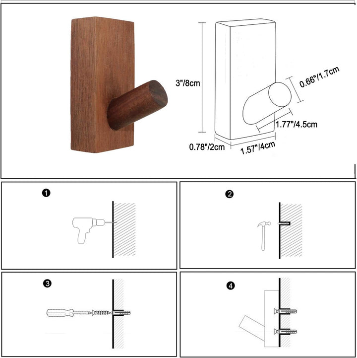 HomeDo 4Pack Selbstklebend Wandhaken Holz, Kleiderhaken, Dekorative Garderobenhaken, Vintage Gardero