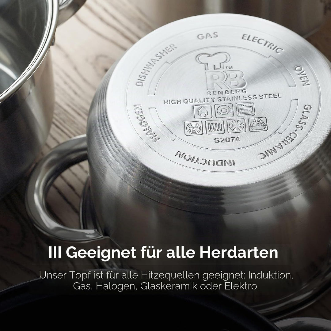 RENBERG Alexander | Kochtopf | Topf 24 x 14,5 cm und 6,3 Liter mit Glasdeckel | Edelstahl | Küchenzu