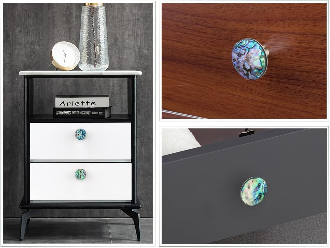 mookaitedecor Satz von 4 Runde Form Abalone Shell Cabinet Knobs mit Schrauben, dekorative Stein zieh