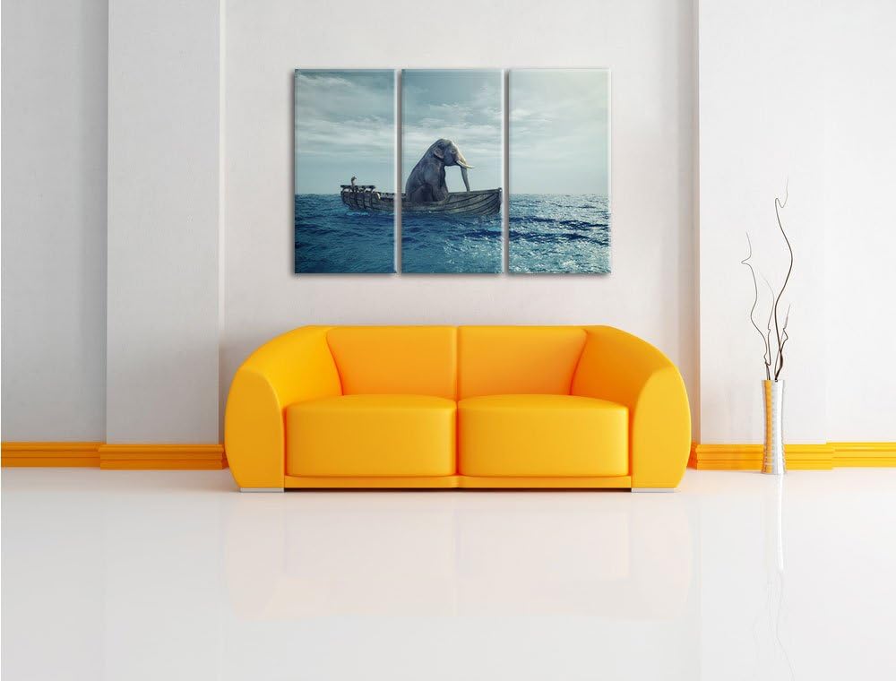 Pixxprint lustig sitzender Elefant im Boot als Leinwandbild - Grösse: 3-Teilig (120x80cm) - Wandbild